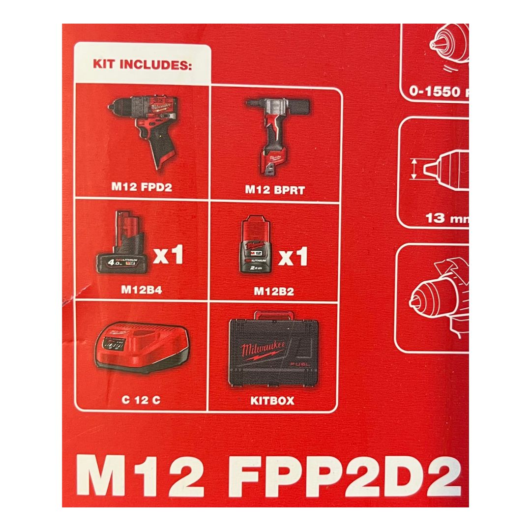 Kit trapano avvitatore compatto e rivettatrice Milwaukee M12 FPP2D2-422X