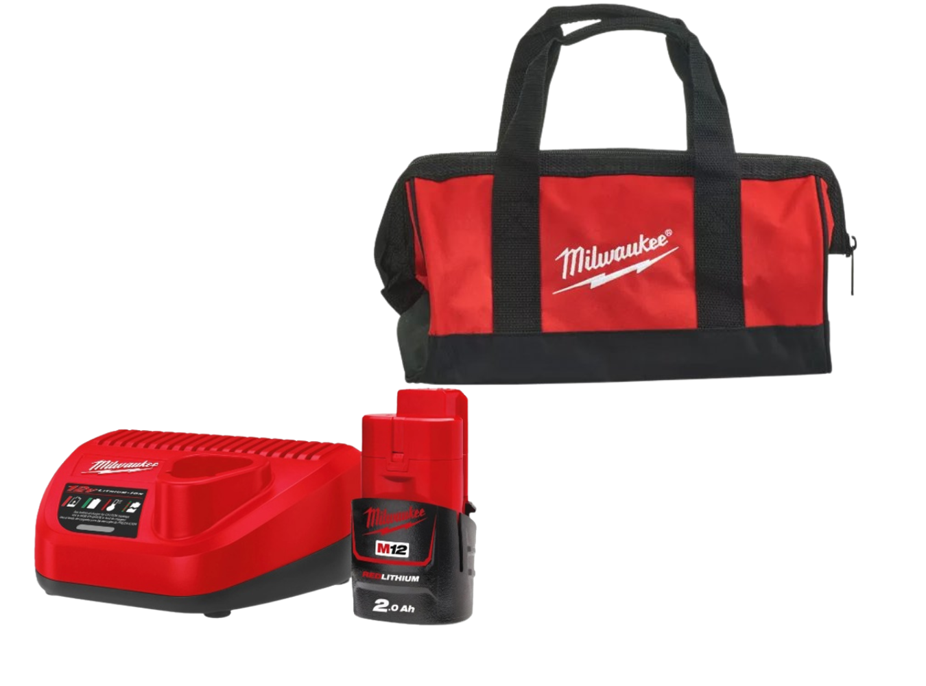 Milwaukee, set di caricabatterie e batteria + Borsa porta attrezzi piccola